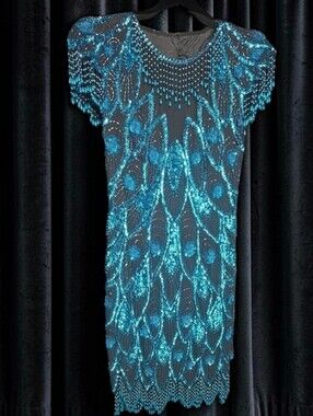 Vintage Lillie Rubin Teal Beaded Fringe Midi Dress Vintage